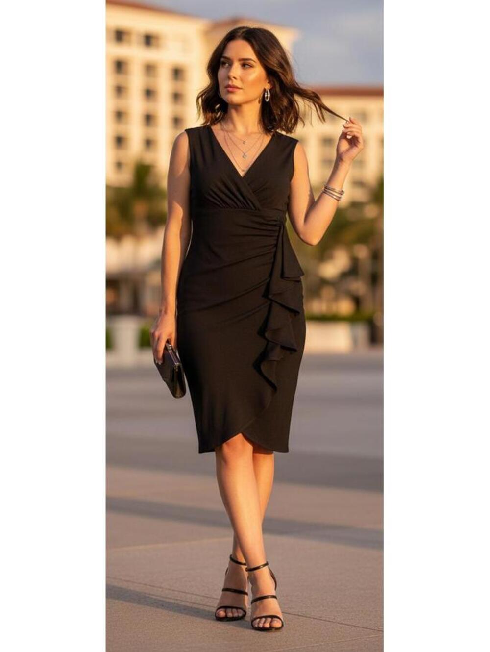 WHBM NWT Black V-Neck Ruffle Midi Dress XS • Slimming Ruched Cocktail Sheath